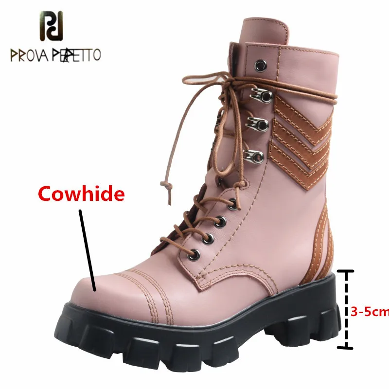 

Prova Perfetto Concise Women Mid-calf Boots Genuine Leather Mixed Colors Square Toe Lace-Up Thick Bottom Wearproof Casual Shoes