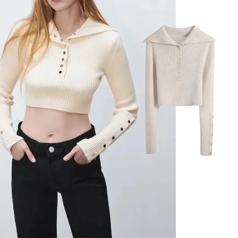 

Women's Sweater 2021 Autumn New Fashion 2 colours Ribbing Short payment Knit Vintage Long Sleeve Female Pullovers Chic Tops