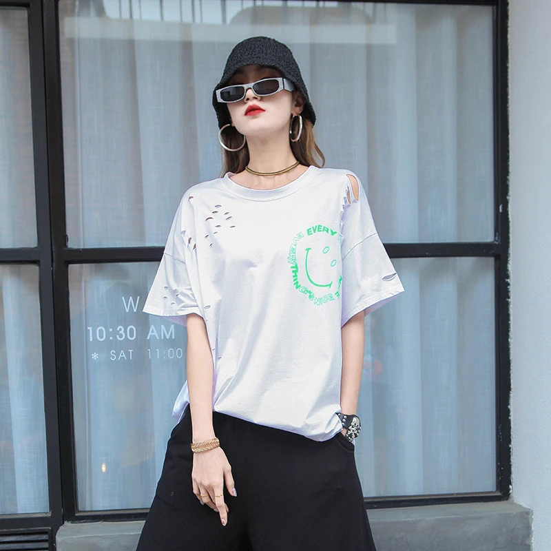 Женская модная новая футболка с принтом уличная дырками Свободные повседневные