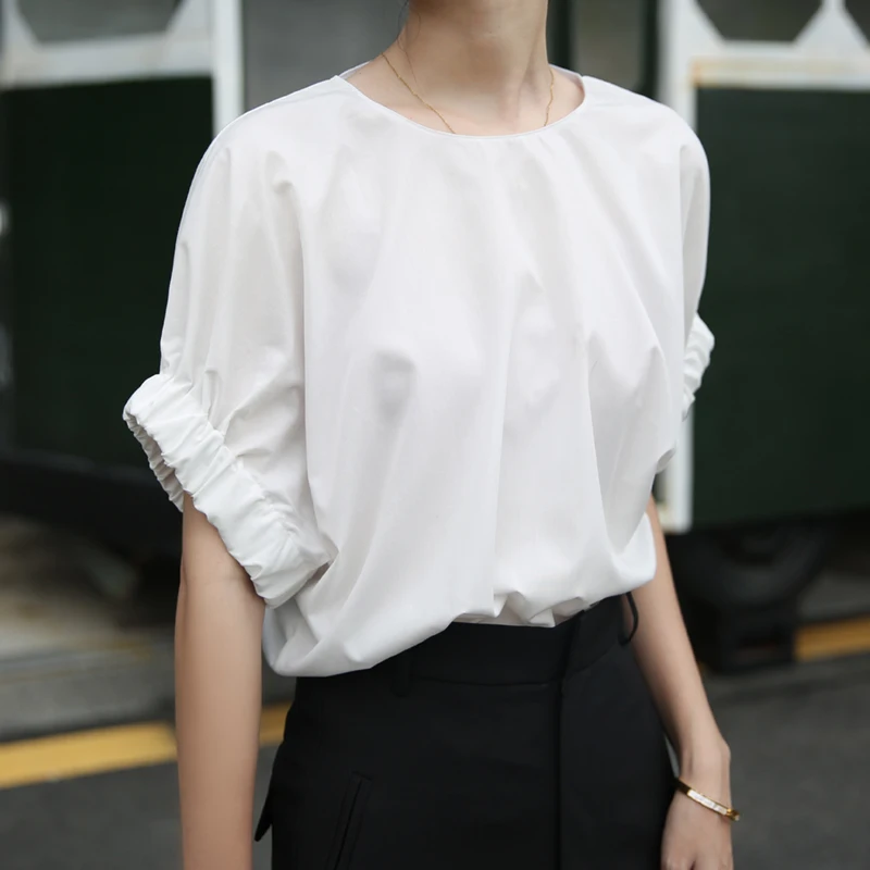 Unique Sleeve Cotton Shirt Round Neck White Air Women Runway Blouse Ins Simple Design Tops for Women Fashion