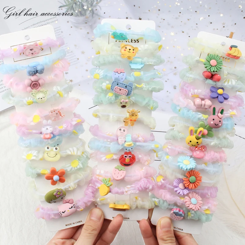 

5 Pcs Girl Chiffon Floral Elastic Hair Band Headdress Cute Cartoon Animal Flower Rubber Band Hair Ring Fashion Hair Accessories