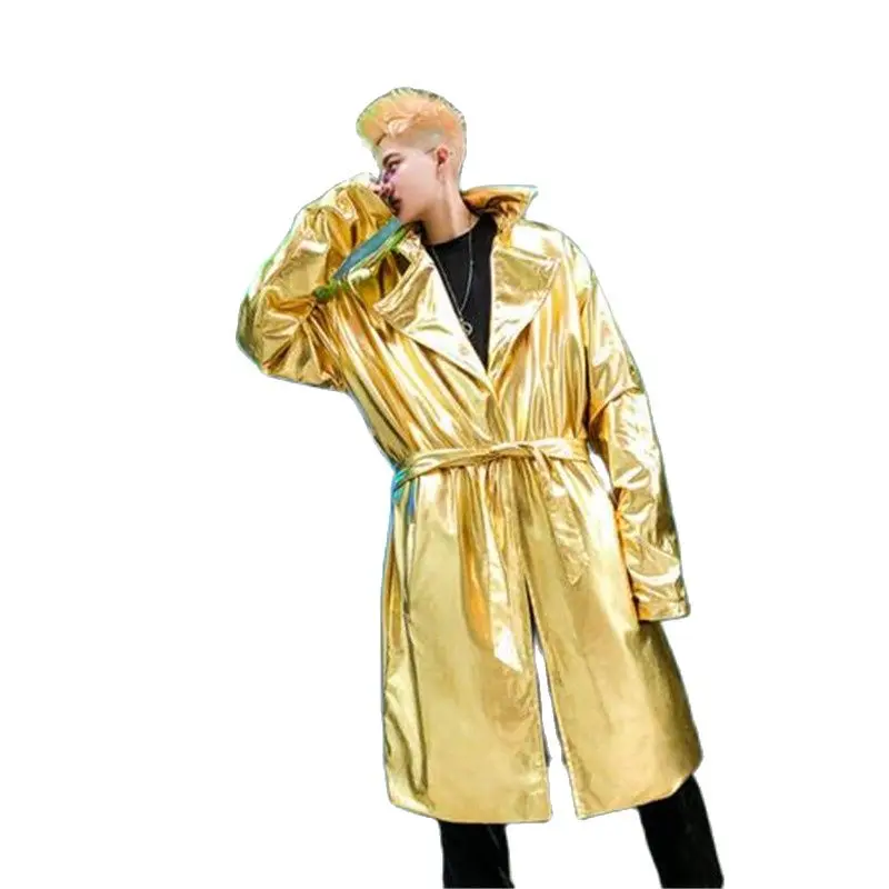 Тренчкот мужской глянцевый золотисто серебристый Длинная ветровка в стиле