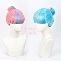 lol true damage qiyana cosplay pink blue mixed color with bun heat resistant synthetic hair halloween carnival party wig cap