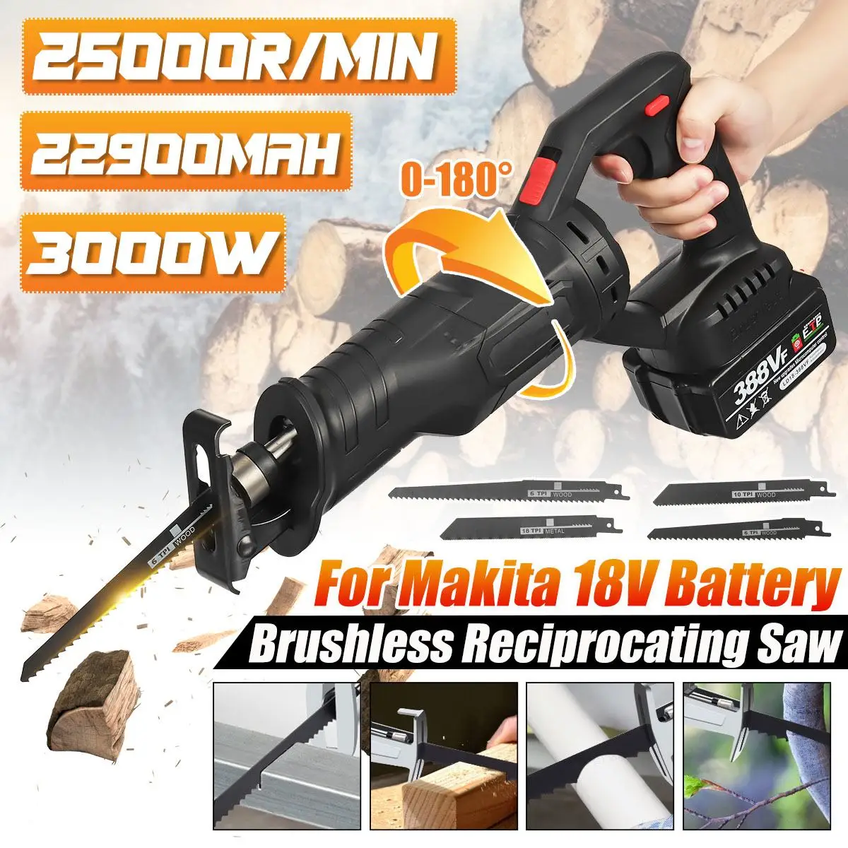 

3000W Reciprocating Saw Brushless Electric Saw With Battery Metal Wood Cutting Tools For Makita 18V Battery with 4 Blades Kit