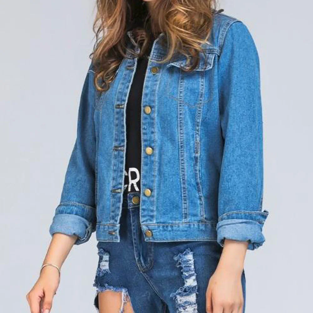 Женская однобортная короткая джинсовая куртка на пуговицах | одежда