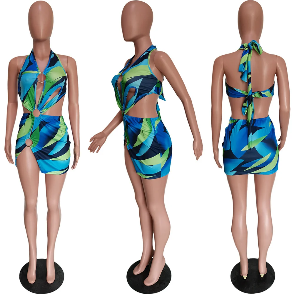 

Summer Clothes for Women Swimsuit Colorful Print Dress Sexy Lace-up Hollow Out Irregular Beach Dresses Wholesale Dropshipping