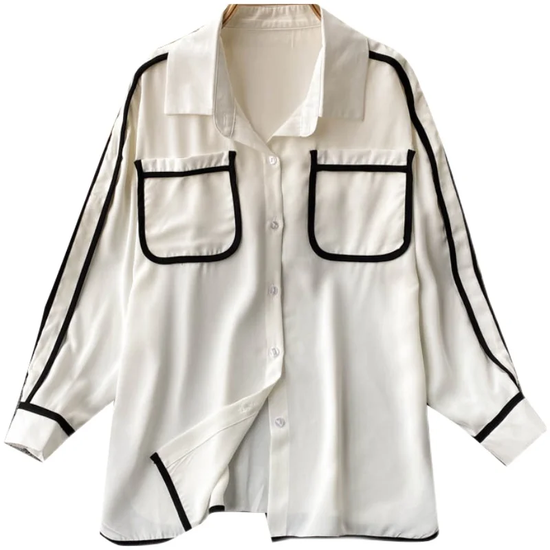 

Women Design Korean Blouse Turn-down Collar Long Sleeve Pocket Solid Tops 2020 Autumn Fashion Casual Loose Blouses