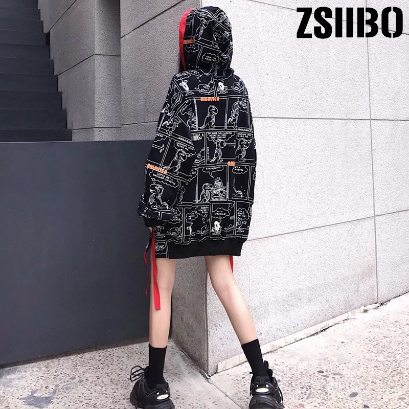 Готические толстовки с капюшоном мультяшным принтом динозавра Harajuku осенние