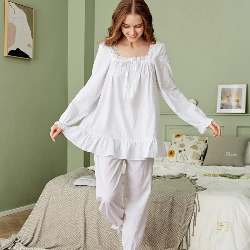 horswula White Long-sleeved Dress Woman Pajamas Suits Ladies Palace Large Size Loose Home Clothes Square Collar Cute Sleepwear