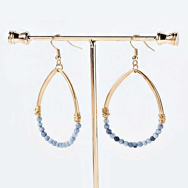 European and American retro style Earrings with natural stone beads sand gold color metal eardrop water drop earrings for girls | Украшения