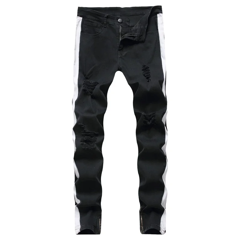 Джинсы мужские рваные в полоску, винтажные брюки-карандаш со средней талией, модные джинсы, уличная одежда, осень-зима