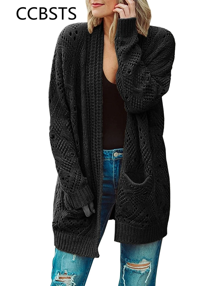 

Oversized Cardigans Women Long Sleeve Outwear with Pockets Front Open Fall Clothes Plus Size Casual Hollow Out Knitted Sweater