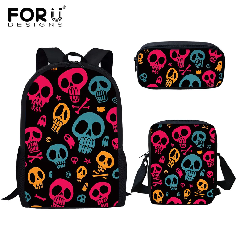 

FORUDESIGNS Fashion Casual Backpack for Teenagers Funny Style Skull Pattern School Bookbags 3Pcs Set Children Outdoor Daypack