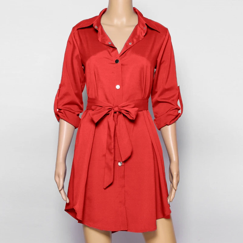 

Women Casual Mini Dress Spring Long Sleeve Bandage Turn-down Collar Dresses Office Lady Button Party Club Wear Vestidos WS4705V