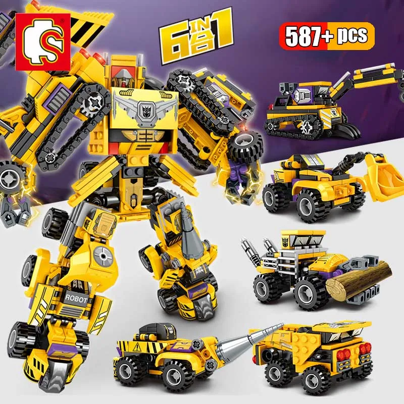 

SEMBO 587Pcs 6 IN 1 Deformation Mecha Engineering Vehicle Robot Building Blocks Mechanical Technical City Robot Bricks Toy Gift