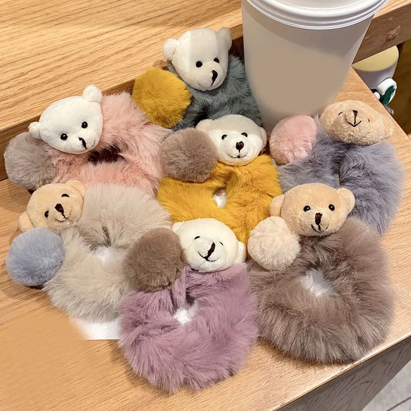 

INS Cute Bear Furry Elastic Hair Bands Korean Lovely Colorful Headbands Rope Tie Holder For Women Girls Fur Hair Accessories