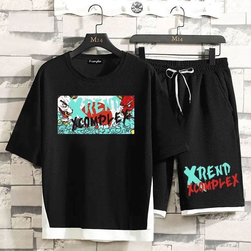 

Summer loose men's suit T-shirt and shorts 2-piece suit sportswear hip-hop streetwear high quality casual suit men's