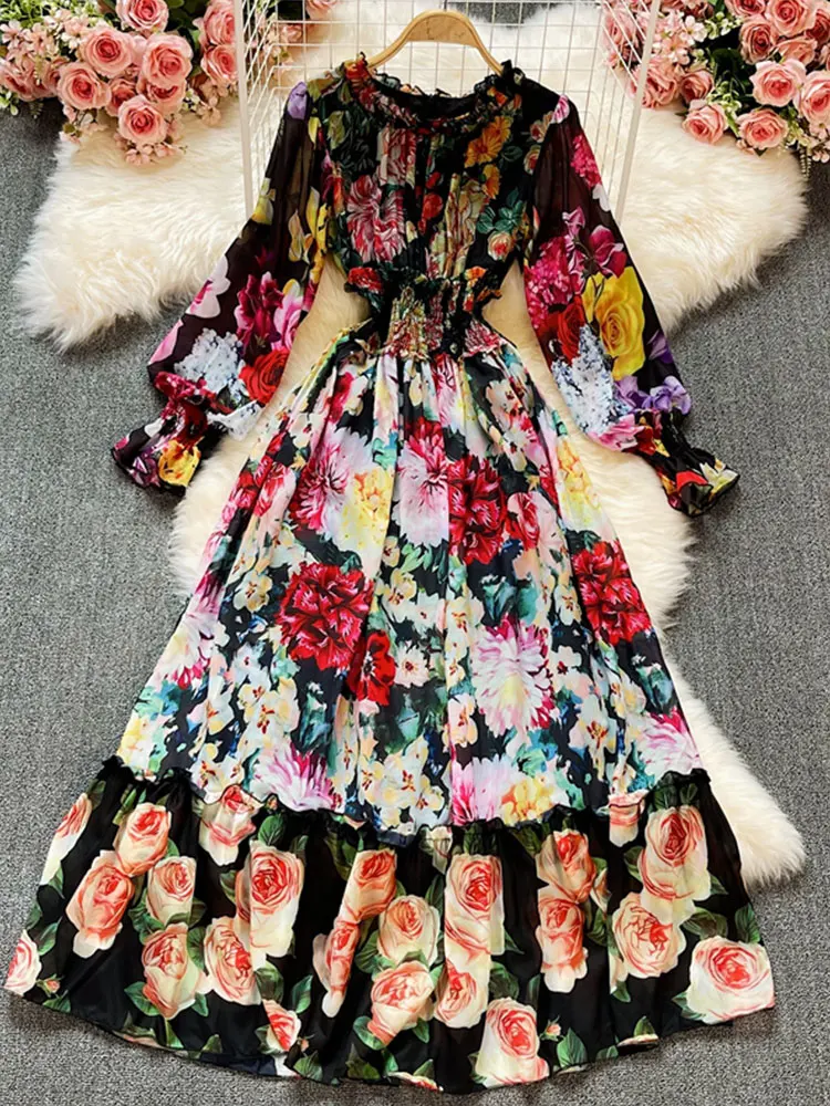 

Spring Vintage Chiffon Flowy Maxi Dress 2022 Runway Fashion O Neck Flare Sleeve Elastic High Waist Flower Print Dresses M76626