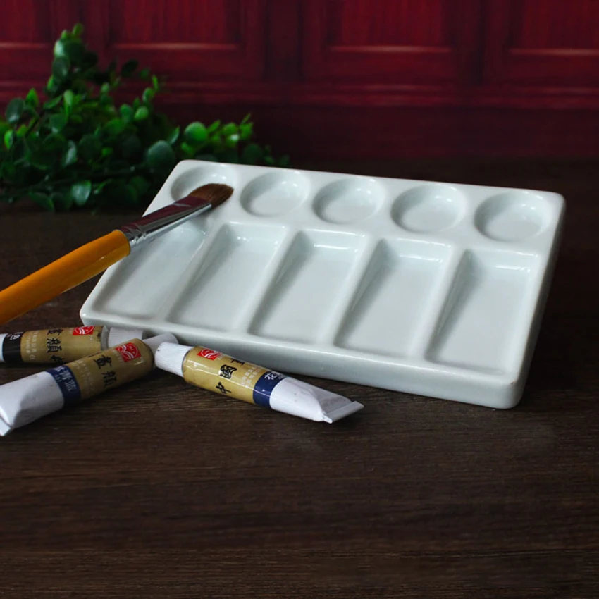 Белая керамическая прямоугольная художественная краска палитра для акварель гуашь акрил, масло живопись, каллиграфия, 10 скважин, 19,3*11*1,8 см