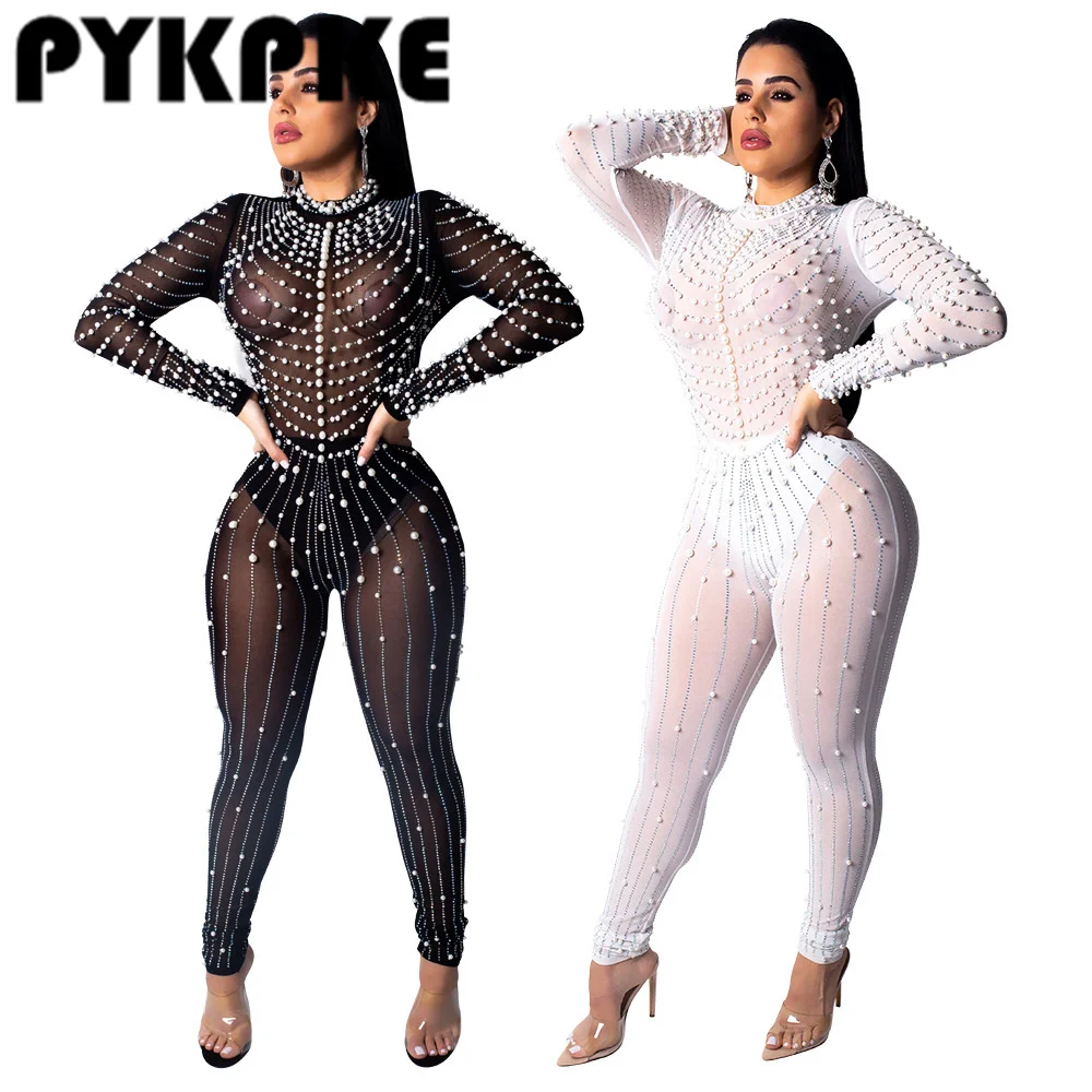 

Plus Size Women Pearls Diamonds Sheer Mesh Jumpsuits Sexy Long Sleeve Skinny Night Club Party Overalls