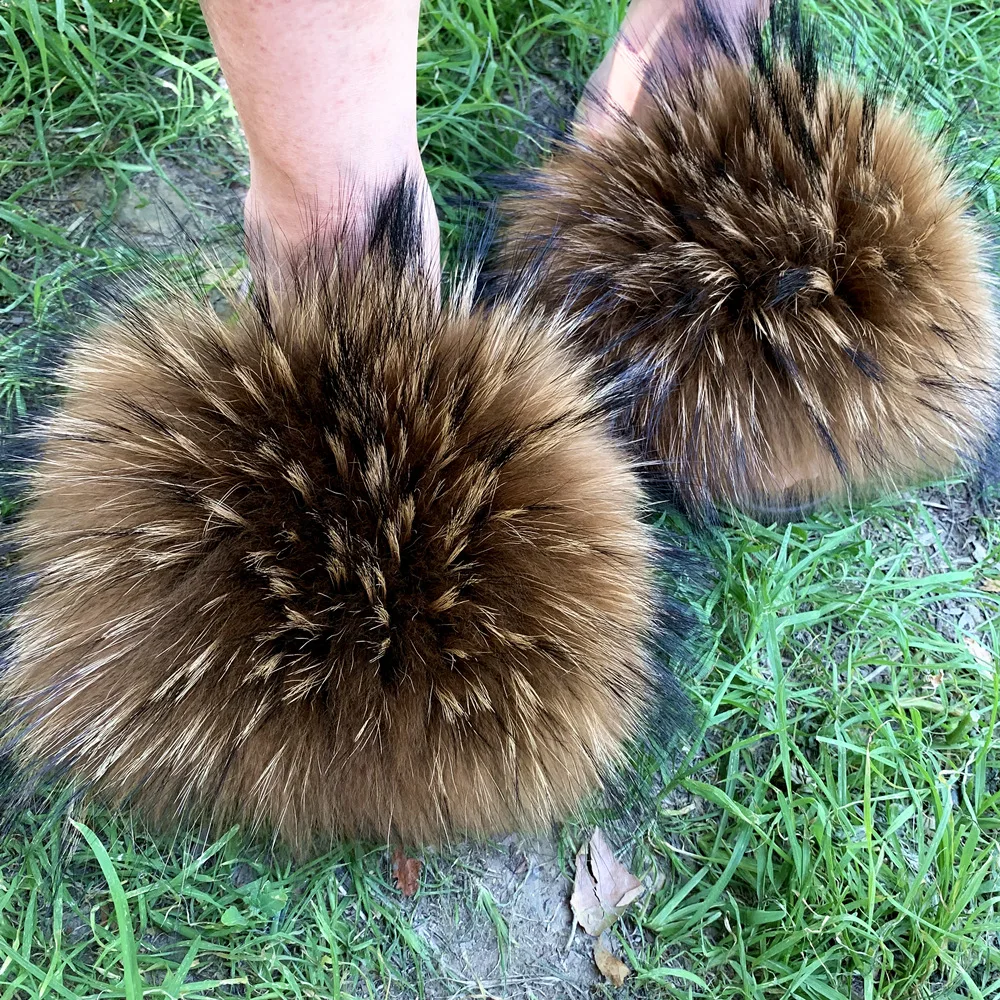 

Summer Raccoon Fur Slippers Women Fluffy Real Fox Hair Slides Plush Home Sandals Fashion Cute Rainbow Flip Flops shoes FS002