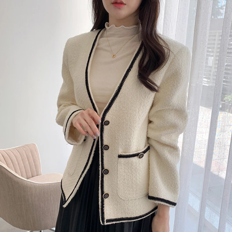 

Женская куртка с V-образным вырезом, контрастный однобортный свободный пиджак из твида с карманами и длинным рукавом, корейский стиль, 2021