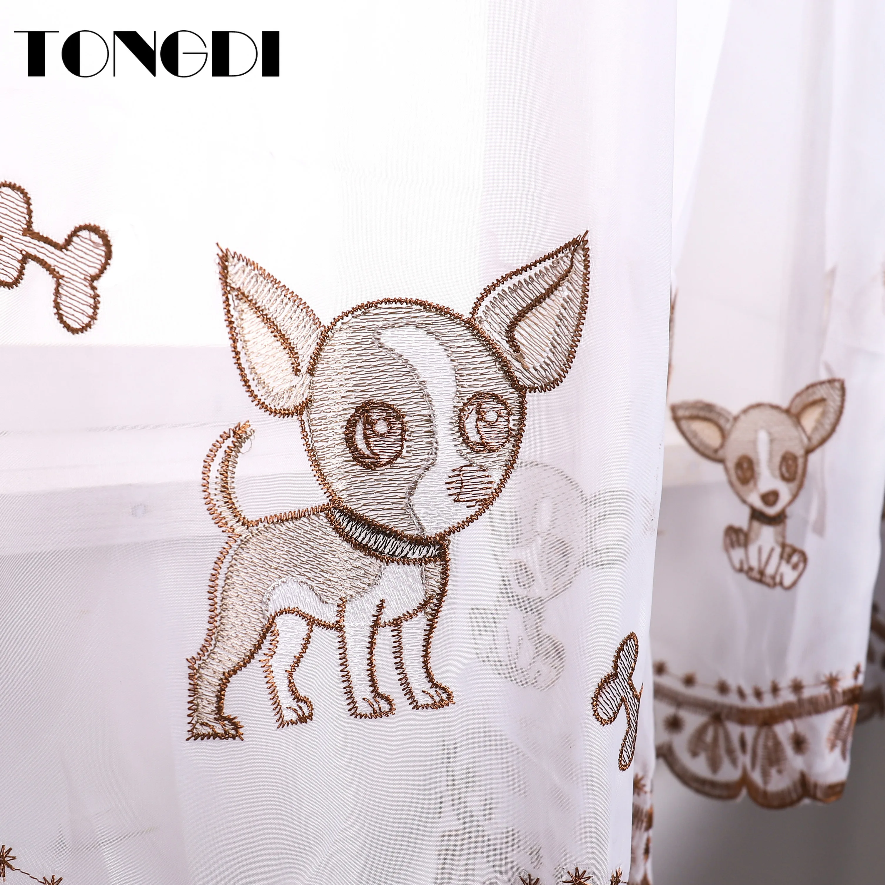 TONGDI Home Kitchen Children Curtains Cartoon Doggie Embroidery White Tulle Valance Decoration For Window Dining Room | Дом и сад