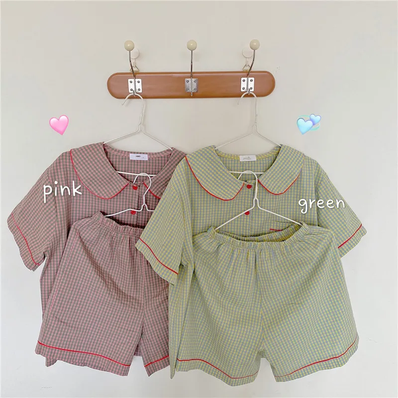 

Marple Summer Loose Pajamas Sets 2021 Women Plaid Sleepwear Short-sleeved Pajamas Chic Elastic-Waist Shorts Tracksuit