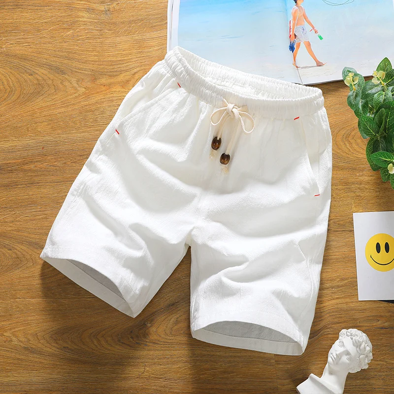 

Summer lovers solid casual shorts male linen knee length cotton Board shorts men drawstring thin Breathable Male Bermuda white