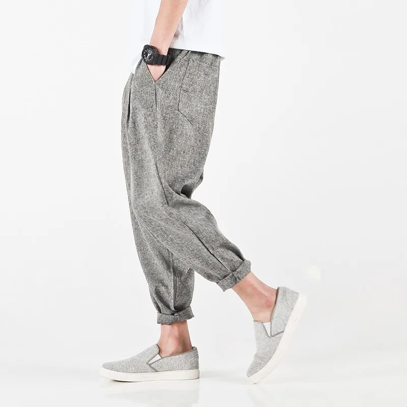 

Casual Loose Drop Crotch Mens Cotton Linen Summer Quick Dry Sweatpants Jogger Streetwear Male Trousers Hip Hop Baggy Pants