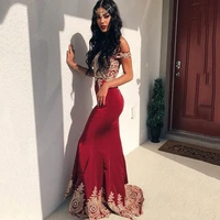 luxury wine red mermaid prom dresses 2019 sexy sweetheart neck off shoulder gold appliques long formal evening dresses