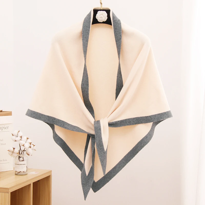 Осенняя вязаная теплая шаль женское пончо большой треугольный шарф для женщин