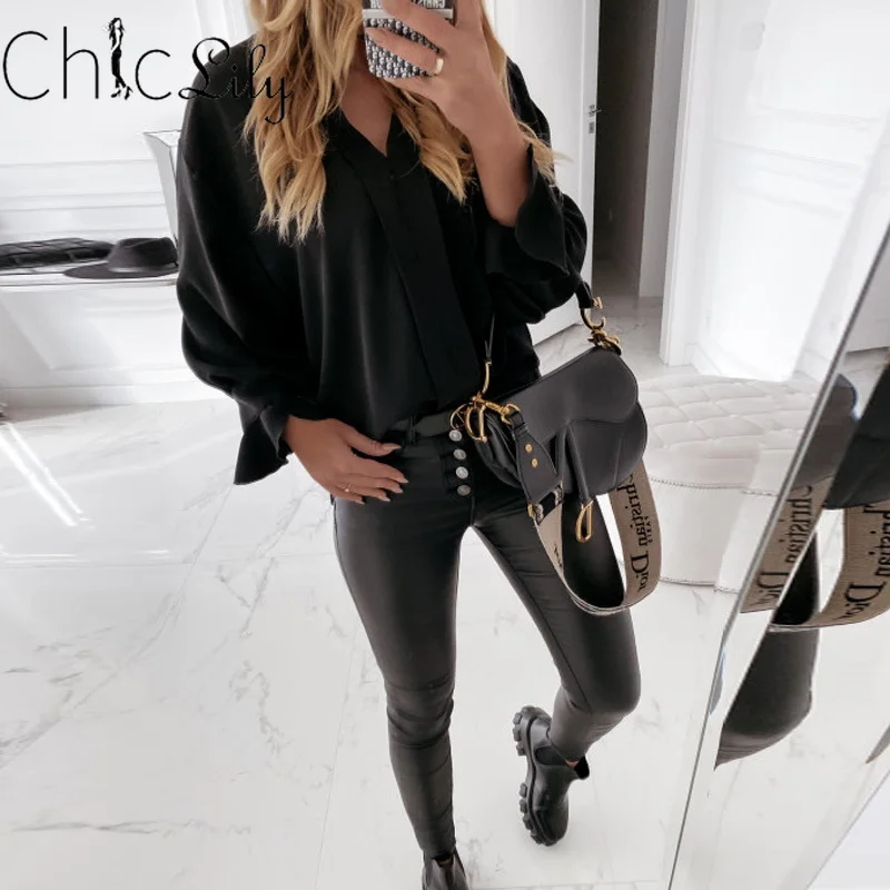 

Solid Color Ruffled Long Sleeve V-neck Shirt Casual Office Lady Blouse Elegant Women Tops White Black Autumn Blusas