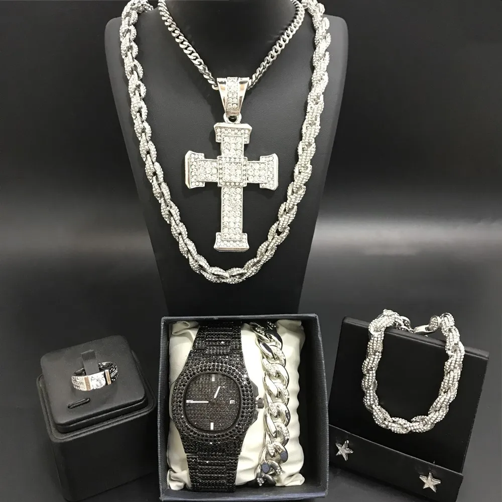 Роскошные мужские черные часы, ожерелье, браслет, кольцо и серьги комбинированные часы в кристаллах ледяные кубинские ожерелья для мужчин