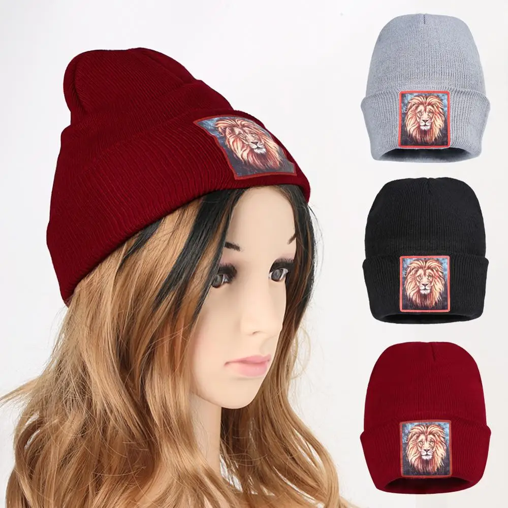 Солидный для мужчин и женщин Лев вязаная шапка с узором осенне-зимняя одежда из