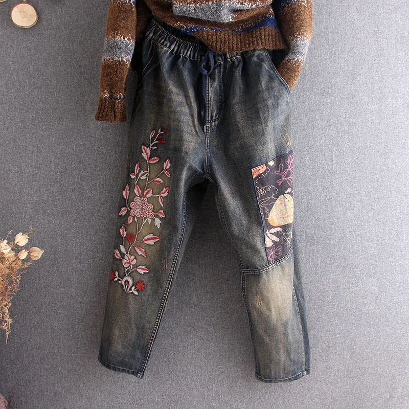 Женские джинсы с эластичной резинкой на талии повседневные свободные цветочной