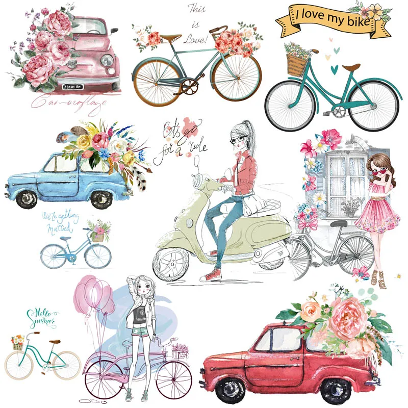 Beautiful Girls Iron On Paches For Clothes Heat Vinyl Transfer Flower Bike Patch T-shirt Stickers For DIY Accessory Appliques