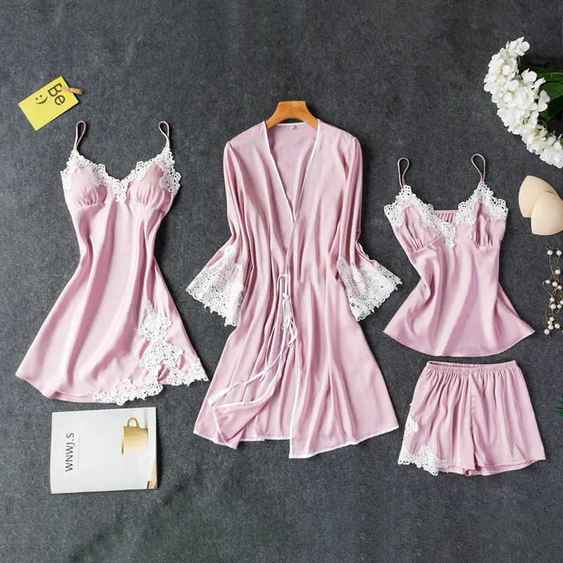 Сексуальные женские пижамы из четырех частей топ на бретелях штаны комплекты