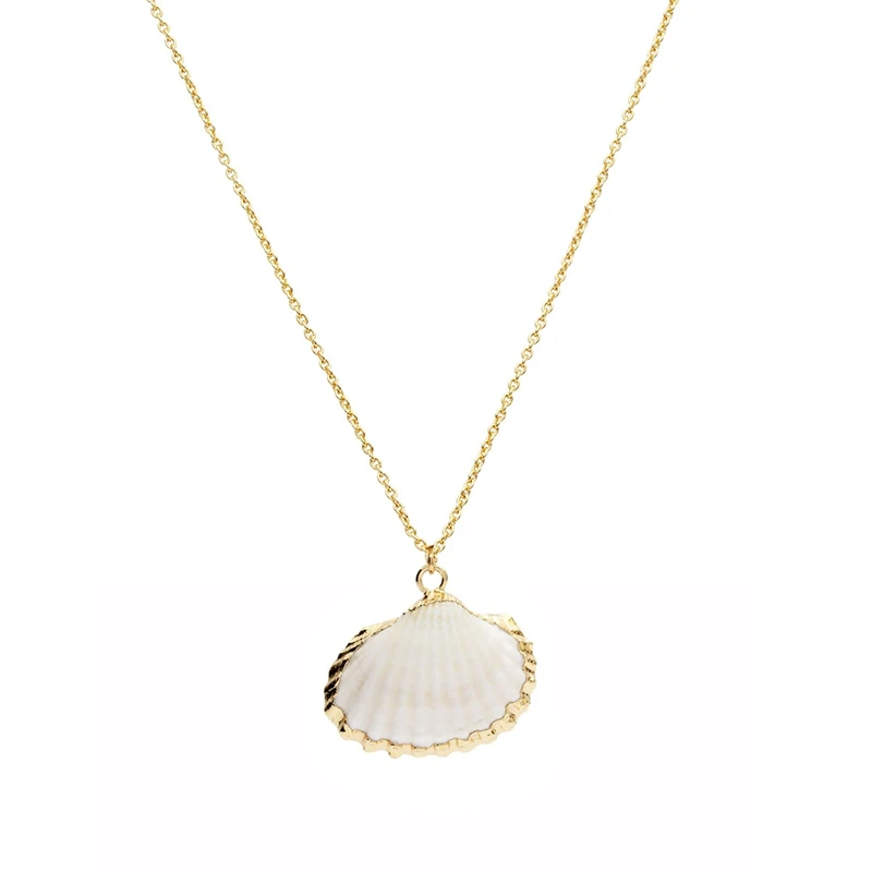 

FUWO Gold Trimmed Scallop Necklace Wholesale,Natural White Shell With High Quality Brass Chain Jewelry Gift NC503 10 Pieces/Lot