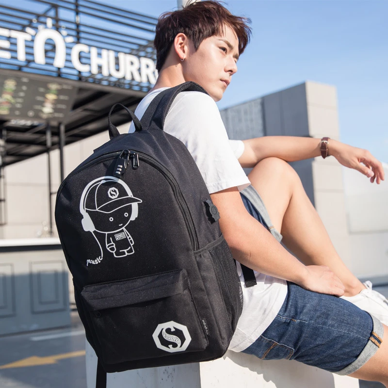 Рюкзак мужской светящийся с USB разъемом модный ранец для компьютера школы и