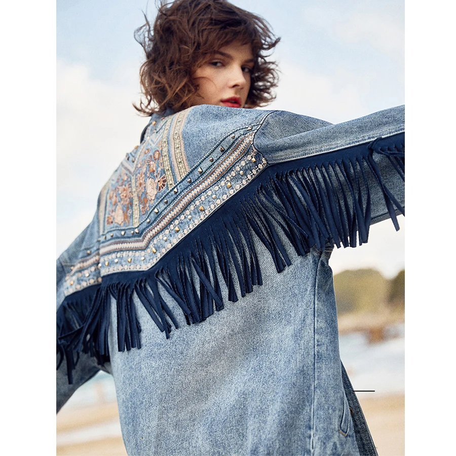 

TEELYNN boho long sleeve black Denim women jackets Autumn vintage floral Embroidery Suede fringe loose coat Outerwear jacket