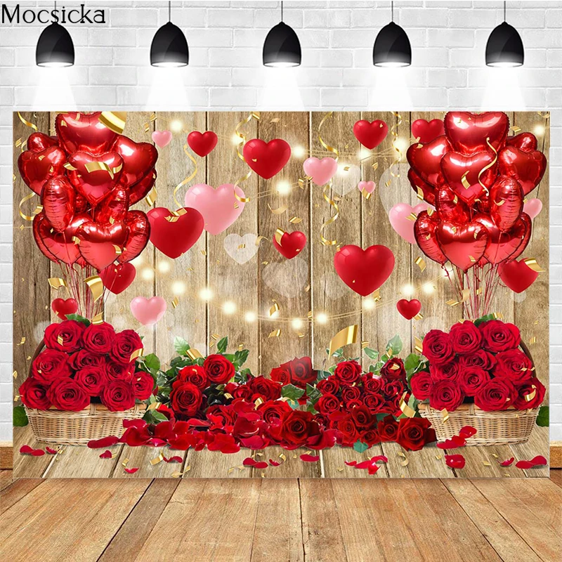 

Valentine's Day Photography Background Love Balloon Rose Flower Wooden Wall Decoration Props Confession Wedding Backdrop Studio