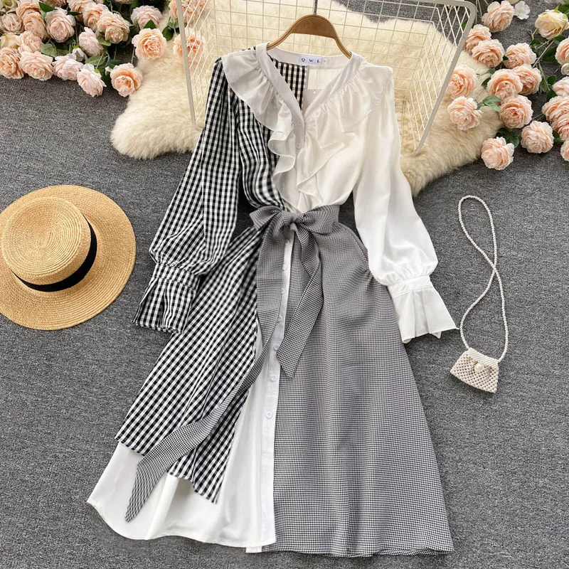 

Elegant Plaid Block Color Shirt Dress Women 2022 Spring New Design Ruffle Office Dress Ladies Casual Maxi Sundress Vestido Mujer