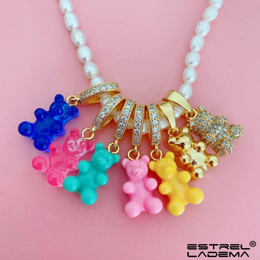 

Trendy Colorful Cute Candy Bear Zircon Pearl Beaded Necklace For Women Girls Handmade Beads Chain Choker Necklaces Jewelry Gift