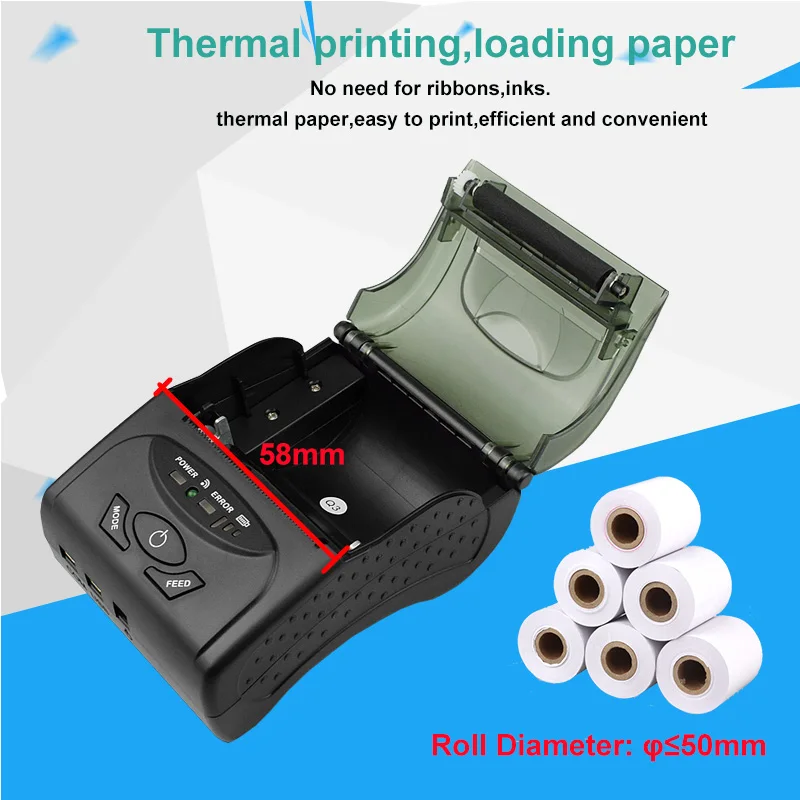 Портативный ручной принтер для чеков с чехлом Bluetooth термочековый 58 мм
