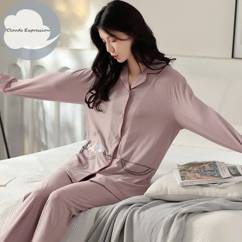 Осенне-зимние брендовые вязаные хлопковые элегантные женские пижамные