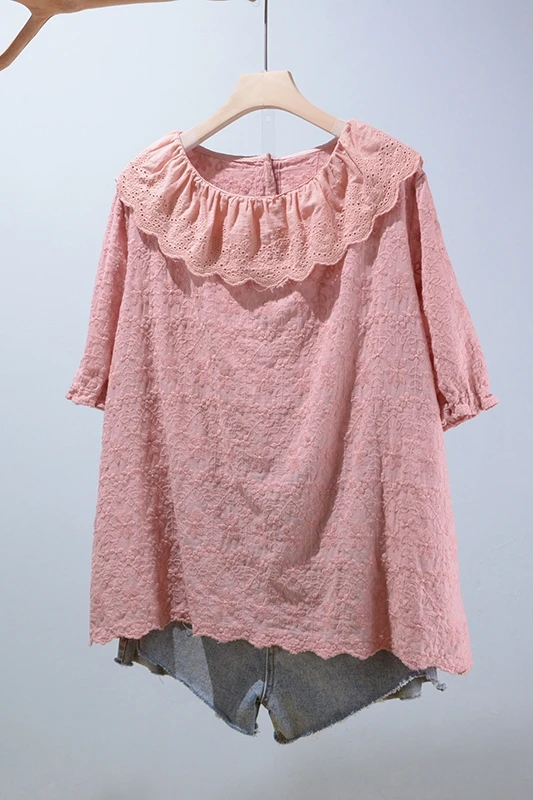 

2021 summer new solid embroidery shirt top women short sleeve Back Single Breasted shirt tops female