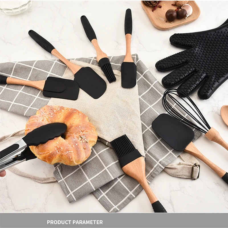 

Silicone Kitchenware Measuring Spoon Wooden Kitchenware Spatula Brush Scraper Gloves Egg Beater Kitchen Cooking Tool Set
