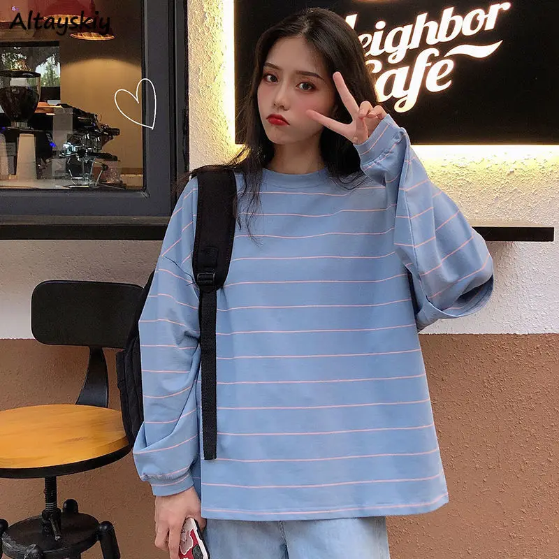 

T-shirt Women Long Sleeve Striped O-Neck Loose Autumn Casual Student Chic Fake 2 Piece Creativity All-match Korean Style Popular