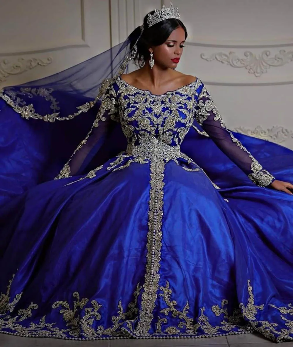 Royal Blue Vestidos De Fiesta Arabic Traditional Wedding Dresses Appliqued Long Sleeves kaftan caftan Turkey Bridal Gowns | Свадьбы и